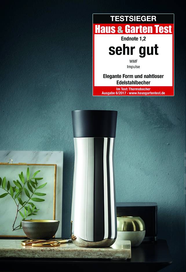 txn. Edles Accessoire für unterwegs: Der Isolierbecher „Impulse“ von WMF wurde speziell für den Coffee to go entwickelt und ist deutlich eleganter als der typische Pappbecher. Foto: WMF/txn